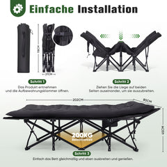 Sekey XXL Klappbett 202 × 80 × 45 cm – Extra breites Feldbett mit 7 cm Matratze, Campingbett bis 200 kg, Faltbares Gästebett mit Seitentasche aus Oxford-Gewebe für Camping, Garten & Outdoor