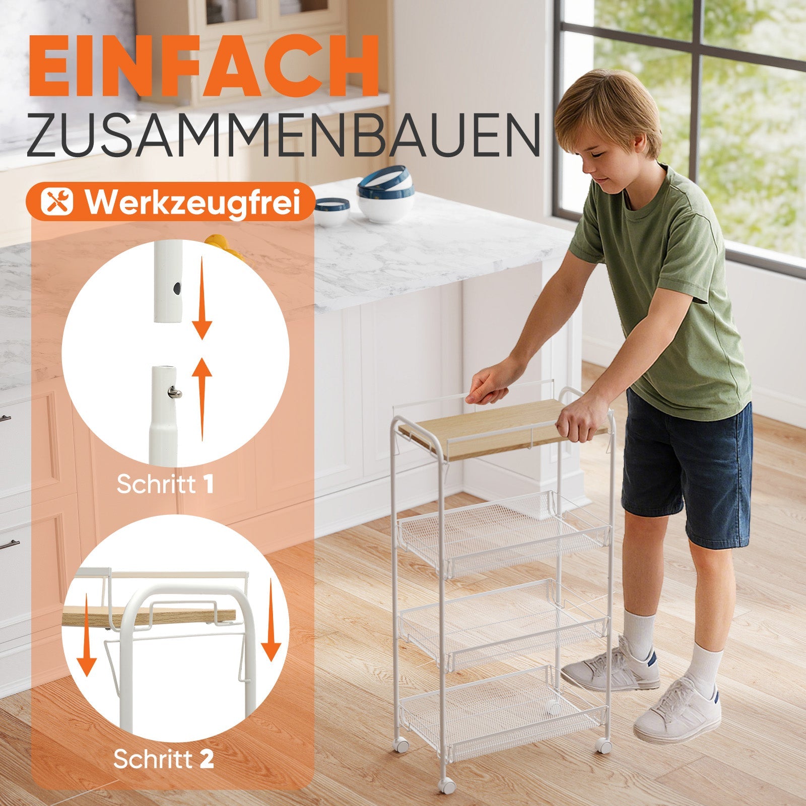 Sekey Rollwagen mit 4 Ebenen – Küchenwagen & Nischenregal mit MDF-Platte, Stahlrahmen, 360°-Rollen & Griff – Schmaler Servierwagen für Küche, Bad & Büro – Weiß Sekey