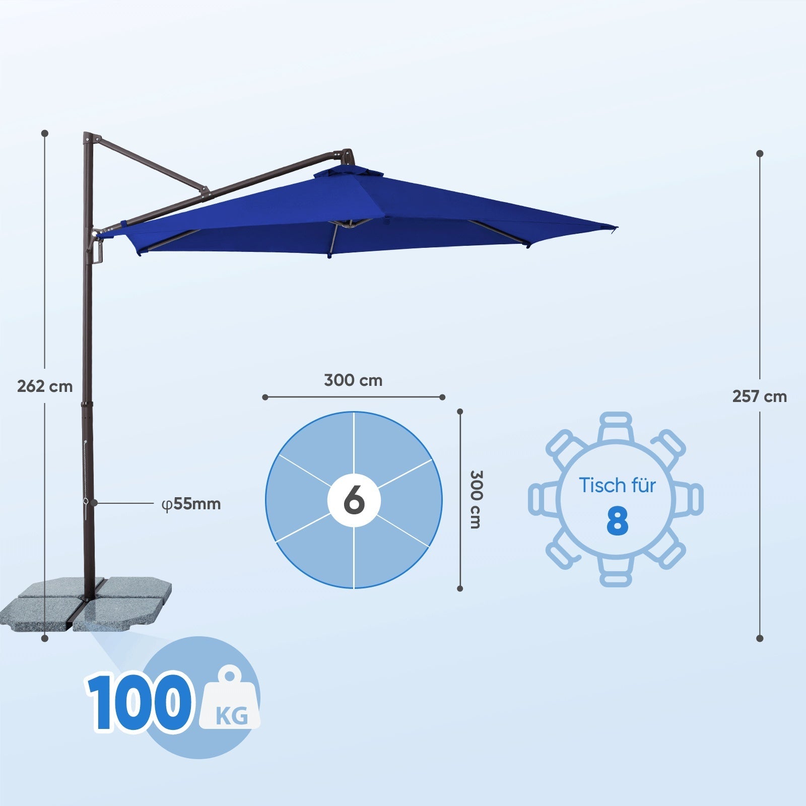 Sekey Ampelschirm 300 cm Aluminium Sonnenschirm mit 360° Drehung, Neigefunktion, UV50+ Schutz Sekey