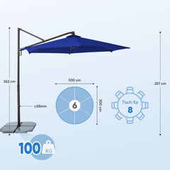 Sekey Ampelschirm 300 cm Aluminium Sonnenschirm mit 360° Drehung, Neigefunktion, UV50+ Schutz Sekey