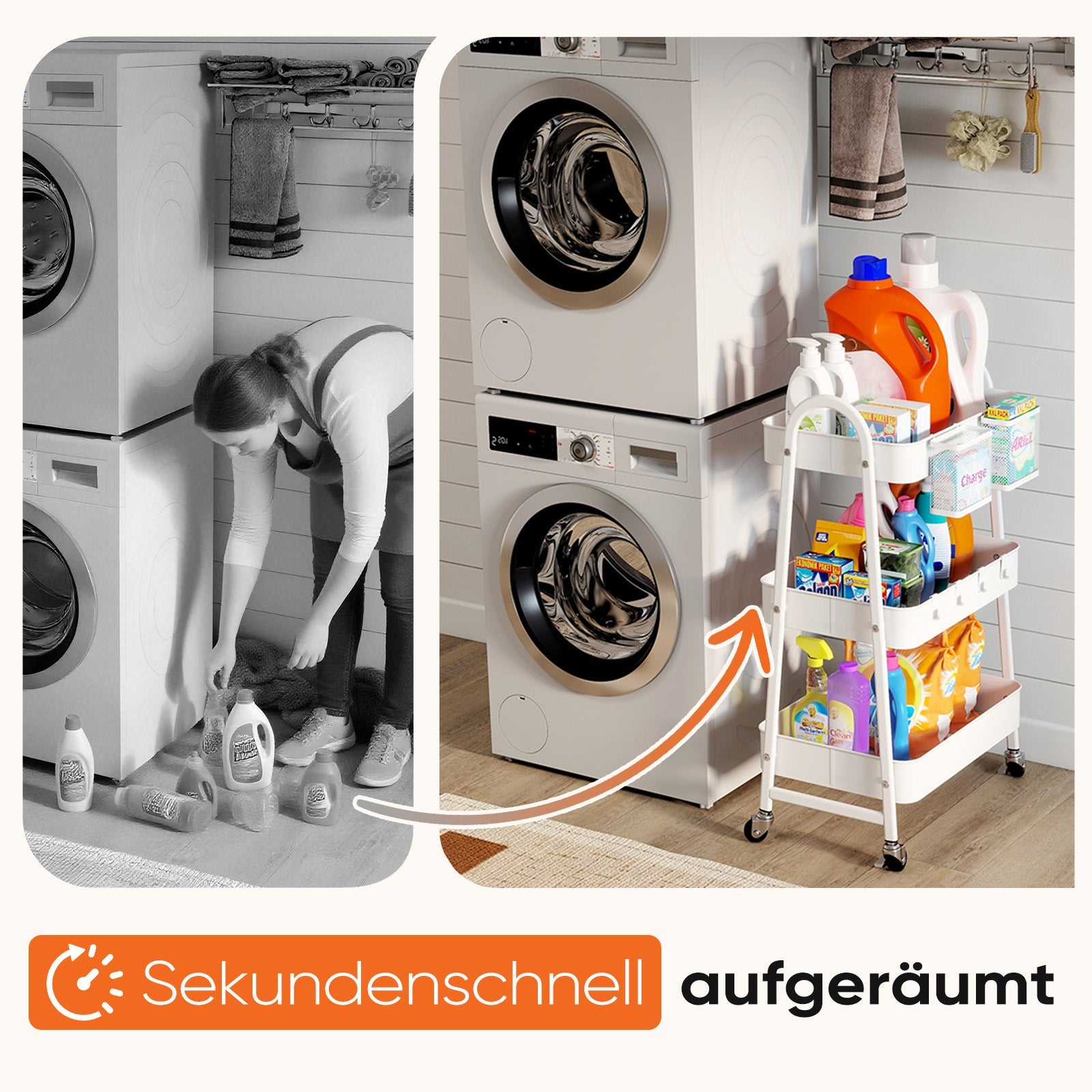 Sekey Rollwagen mit 3 Ebenen – Küchenwagen aus Stahl mit rostfester Lackierung, 2 Hängekörben & 4 Haken, 360°-Rollen mit Bremse, ergonomischem Griff, bis 30 kg belastbar, vielseitiger Servierwagen für Küche, Bad, Büro & mehr – Weiß Sekey