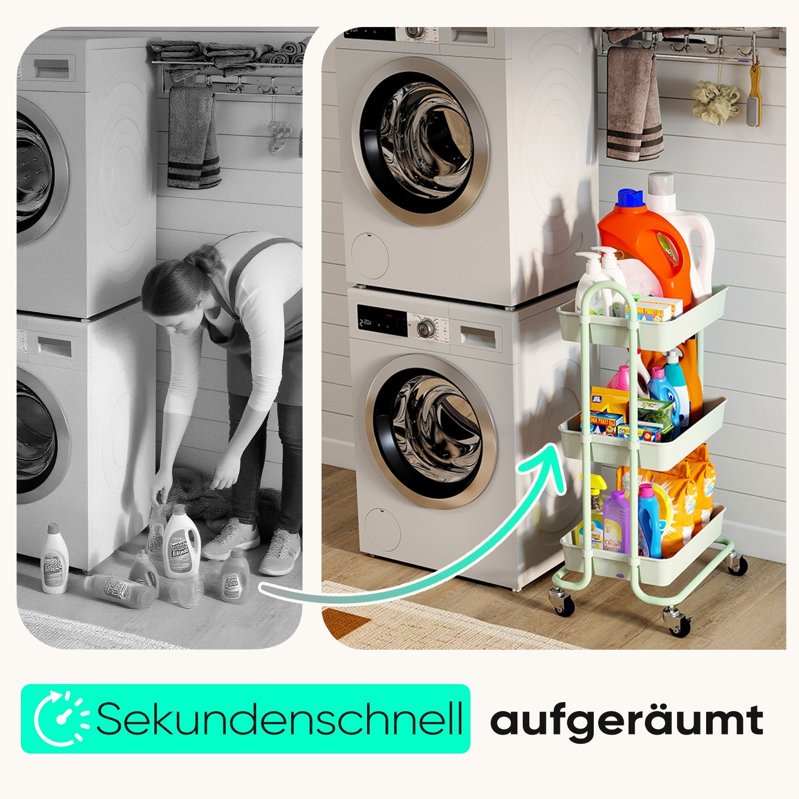 Sekey Rollwagen mit 3 Ebenen – Küchenwagen aus Kunststoff & Edelstahl, rostfest, 360°-Gummiräder mit Bremse, ergonomischem Griff, bis 30 kg belastbar, vielseitiger Servierwagen für Küche, Bad, Büro & mehr – Mintgrün Sekey