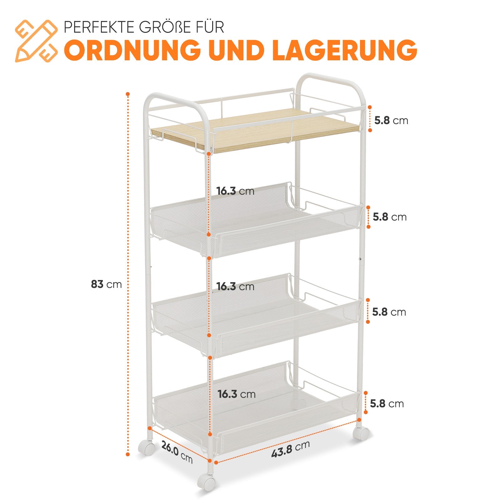 Sekey Rollwagen mit 4 Ebenen – Küchenwagen & Nischenregal mit MDF-Platte, Stahlrahmen, 360°-Rollen & Griff – Schmaler Servierwagen für Küche, Bad & Büro – Weiß Sekey