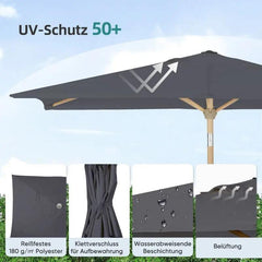Sekey 210 x 140 cm Alu Sonnenschirm mit Kurbel, Sonnenschutz UV50+, aus Holz-Metall Sekey