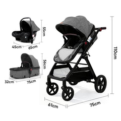 Sekey BW600 3-in-1 Kombi-Kinderwagen Reisesystem mit Babyschale, Liegewanne & Buggy, Moskitonetz, Regenschutz, Federung, 5-Punkt-Gurt, All-Wetter Travel System 0 Jahre