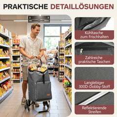 Sekey Einkaufstrolley 3-in-1 klappbar – 50L Einkaufswagen mit Kühlfach, Treppensteiger-Rädern & Sackkarren-Funktion, Aluminium