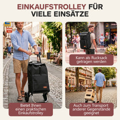 Sekey Einkaufstrolley klappbar 3-in-1 – Einkaufstrolley, Sackkarre & Rucksack mit Aluminiumrahmen, faltbarer Einkaufswagen mit PU-Rädern für Einkauf, Reisen & Alltag