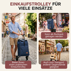 Sekey Einkaufstrolley klappbar 3-in-1 – Einkaufstrolley, Sackkarre & Rucksack mit Aluminiumrahmen, faltbarer Einkaufswagen mit PU-Rädern für Einkauf, Reisen & Alltag