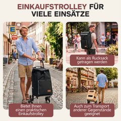 Sekey Einkaufstrolley klappbar 3-in-1 – Einkaufstrolley, Sackkarre & Rucksack mit Treppensteiger-Rädern, leichter Aluminiumrahmen, faltbar & stabil für Einkauf, Reisen und Senioren