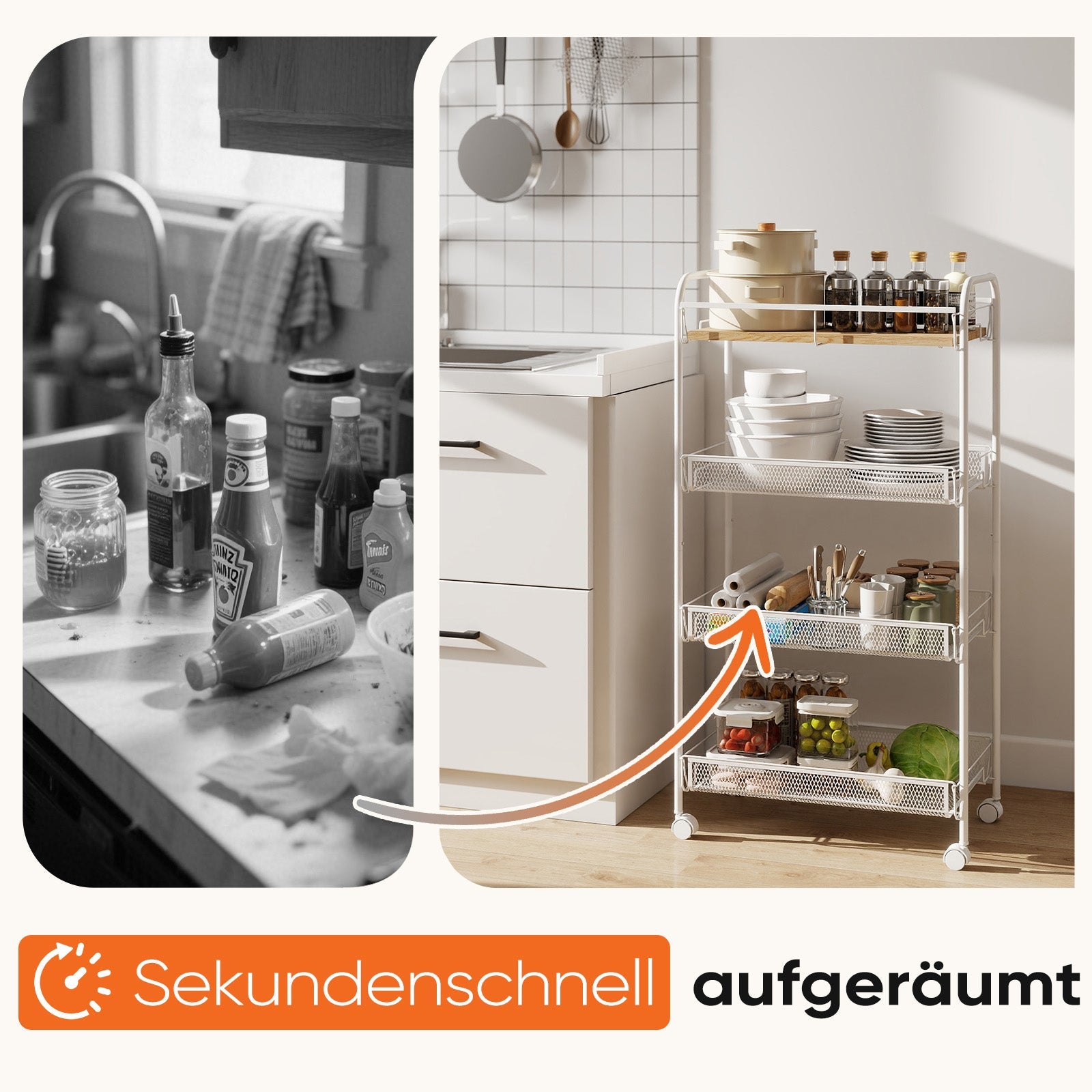 Sekey Rollwagen mit 4 Ebenen – Küchenwagen & Nischenregal mit MDF-Platte, Stahlrahmen, 360°-Rollen & Griff – Schmaler Servierwagen für Küche, Bad & Büro – Weiß Sekey