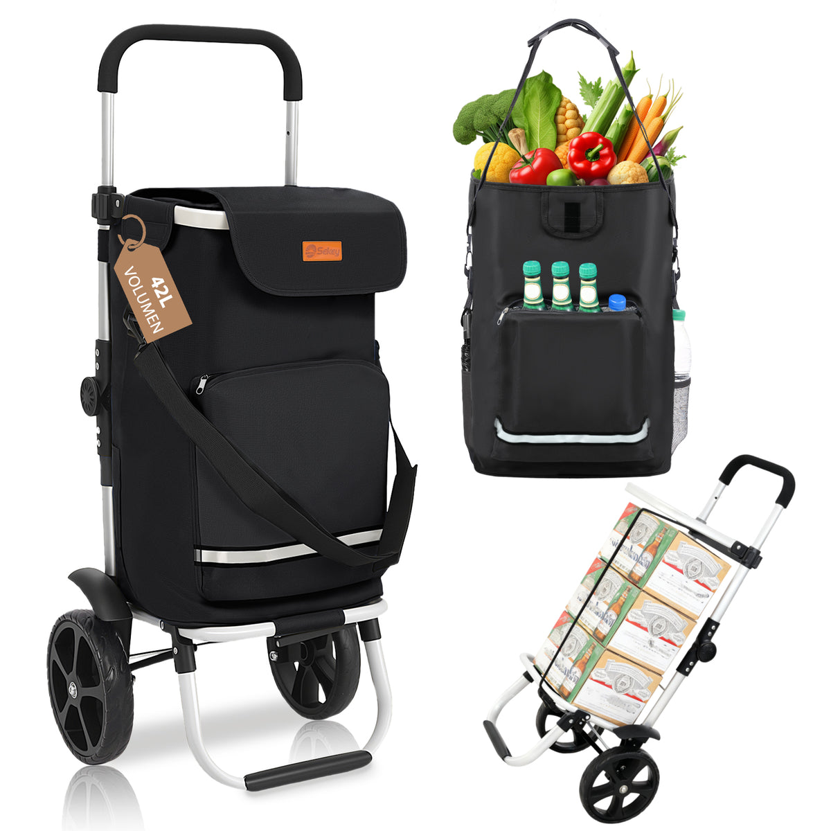 Sekey Faltbarer Einkaufstrolley 3-in-1 Leichter Aluminium-Trolley 60 kg Tragkraft, Höhenverstellbarer Griff, Automatische Faltfunktion, Inklusive Kühlfach & Getränkefach, Ideal für Einkäufe & Camping