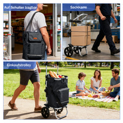 Sekey Faltbarer Einkaufstrolley 3-in-1 Leichter Aluminium-Trolley 60 kg Tragkraft, Höhenverstellbarer Griff, Automatische Faltfunktion, Inklusive Kühlfach & Getränkefach, Ideal für Einkäufe & Camping