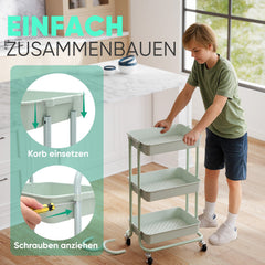Sekey Rollwagen mit 3 Ebenen – Küchenwagen aus Kunststoff & Edelstahl, rostfest, 360°-Gummiräder mit Bremse, ergonomischem Griff, bis 30 kg belastbar, vielseitiger Servierwagen für Küche, Bad, Büro & mehr – Mintgrün Sekey