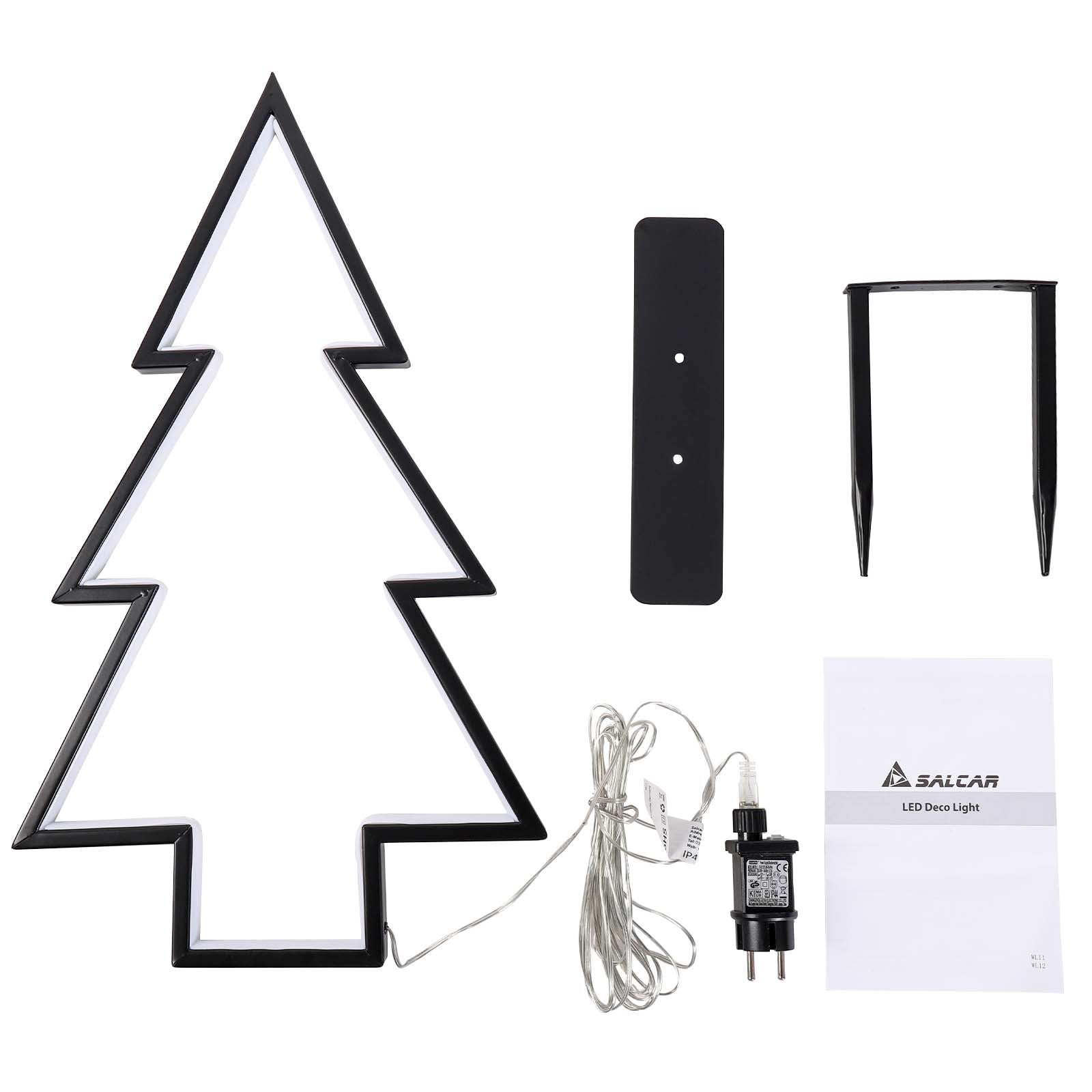 Salcar XXL 3D LED Gartenstecker Tannenbaum – 60 cm Metall-Gartenleuchte mit 100 LEDs, Warmweiß, IP44 Wasserdicht, Erdspieß & Standfuß, Weihnachtsbeleuchtung für Außen Salcar