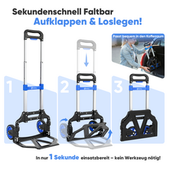 Sekey Klappbare Sackkarre Ultraleicht (3,5 kg), 80 kg Tragkraft, 3-stufig höhenverstellbar, Aluminium Transportkarre mit TPR-Rädern & ergonomischem Griff