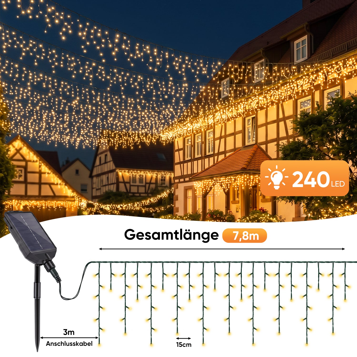 Salcar Solar Eisregen Lichterkette mit 240 LEDs und 7,8 m Länge