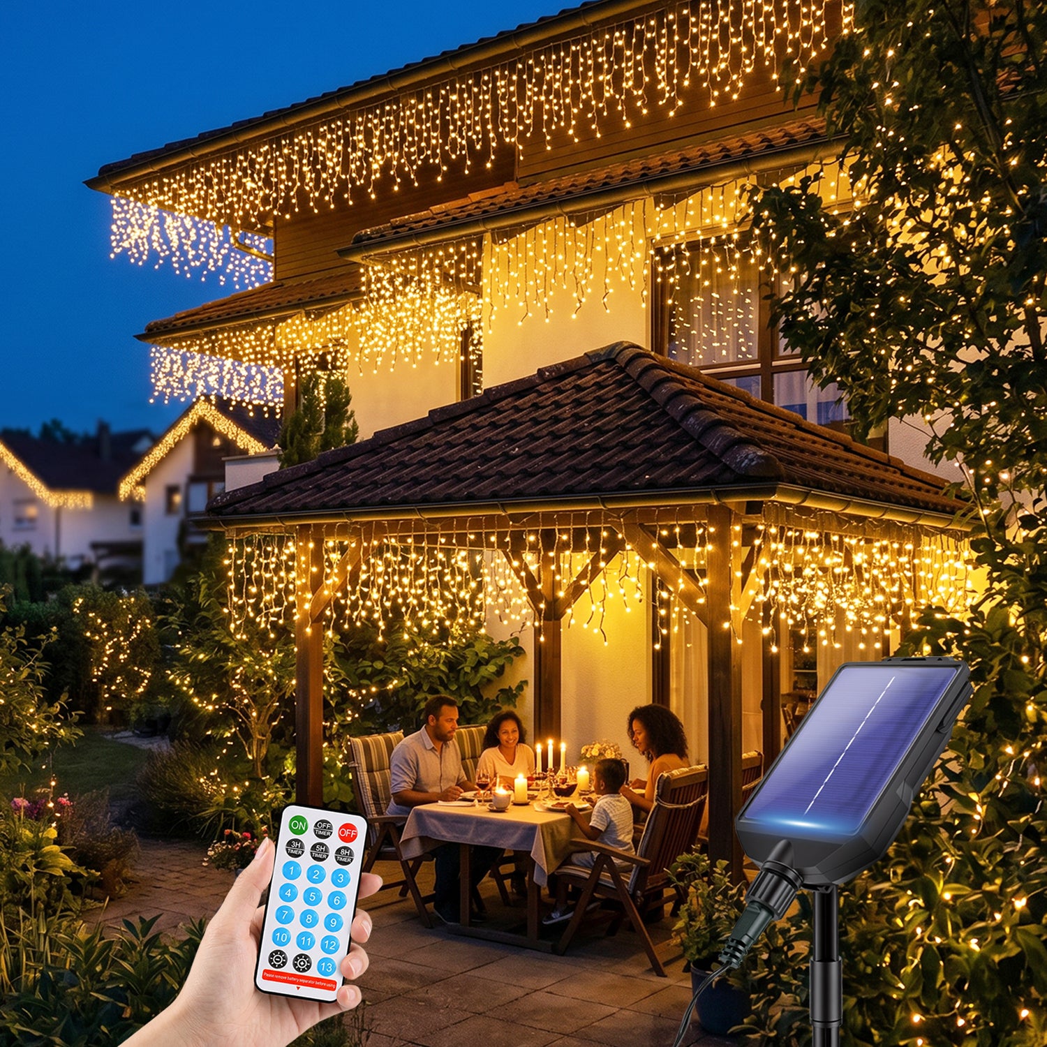 Salcar Solar Eisregen Lichterkette Außen mit warmweißem LED Lichtervorhang