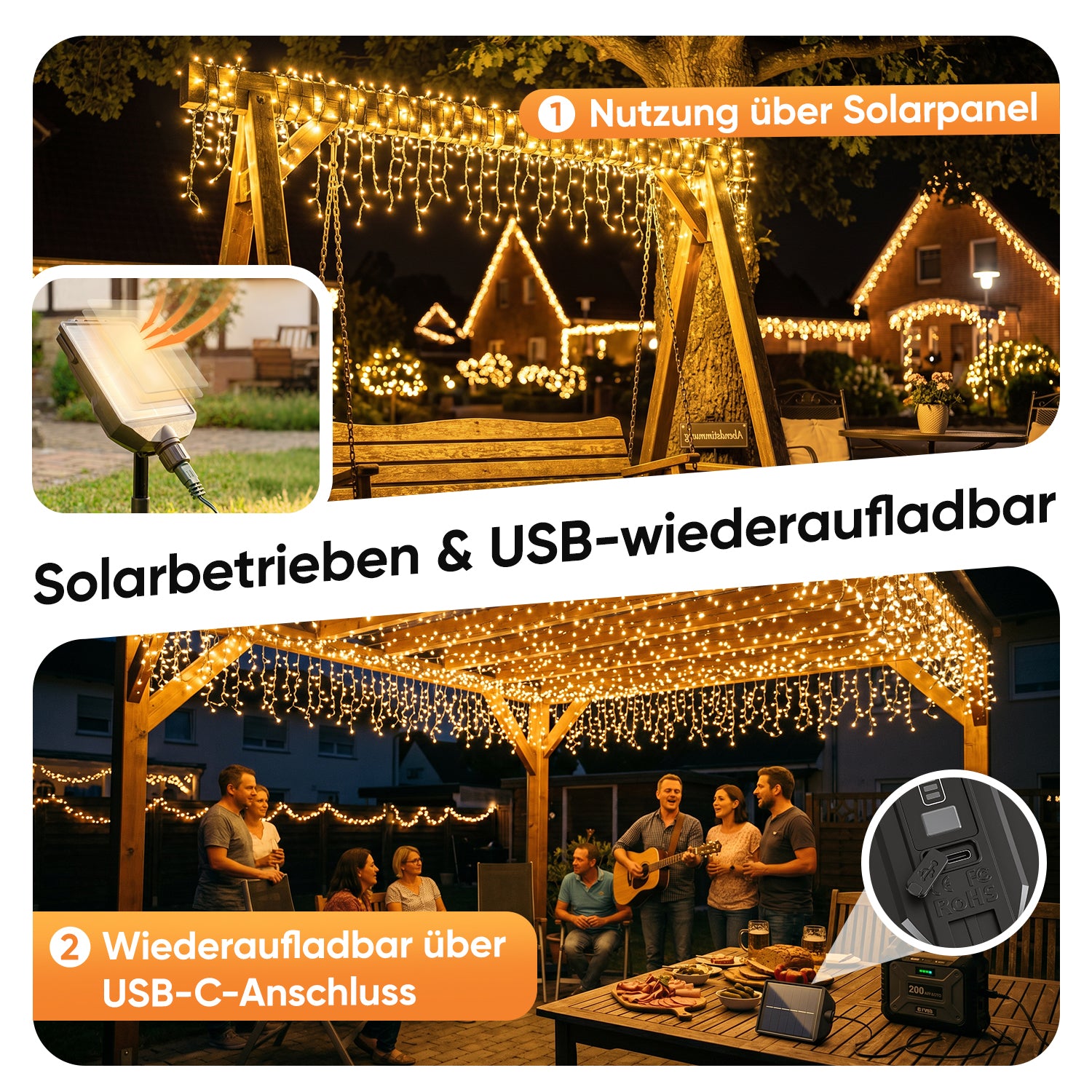 Salcar Solar Eisregen Lichterkette mit Solar- und USB-Aufladung für flexible Nutzung