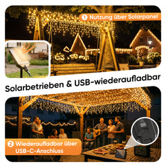 Salcar Solar Eisregen Lichterkette mit Solar- und USB-Aufladung für flexible Nutzung
