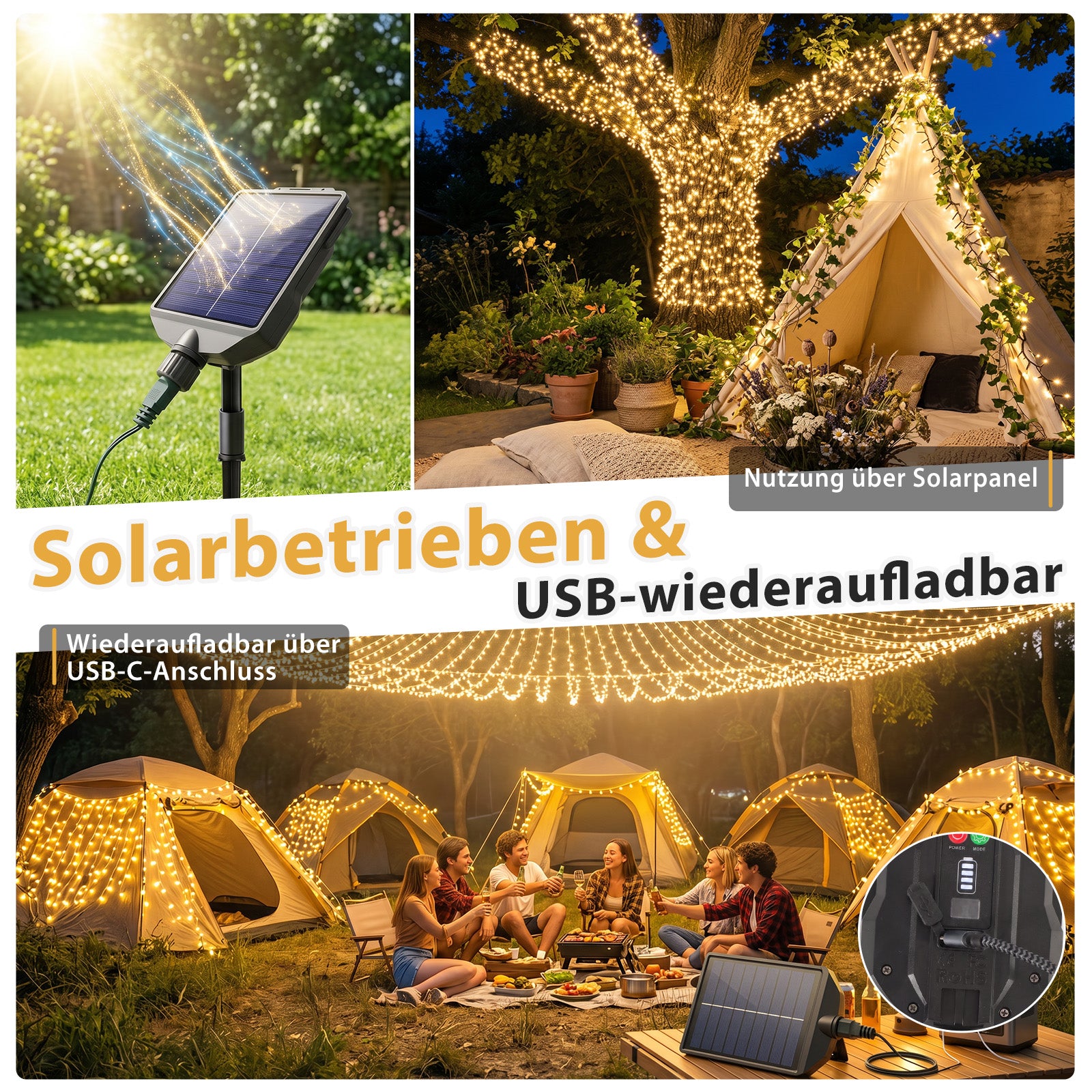 Salcar Solar Lichterkette Außen mit Solar- und USB-Aufladung