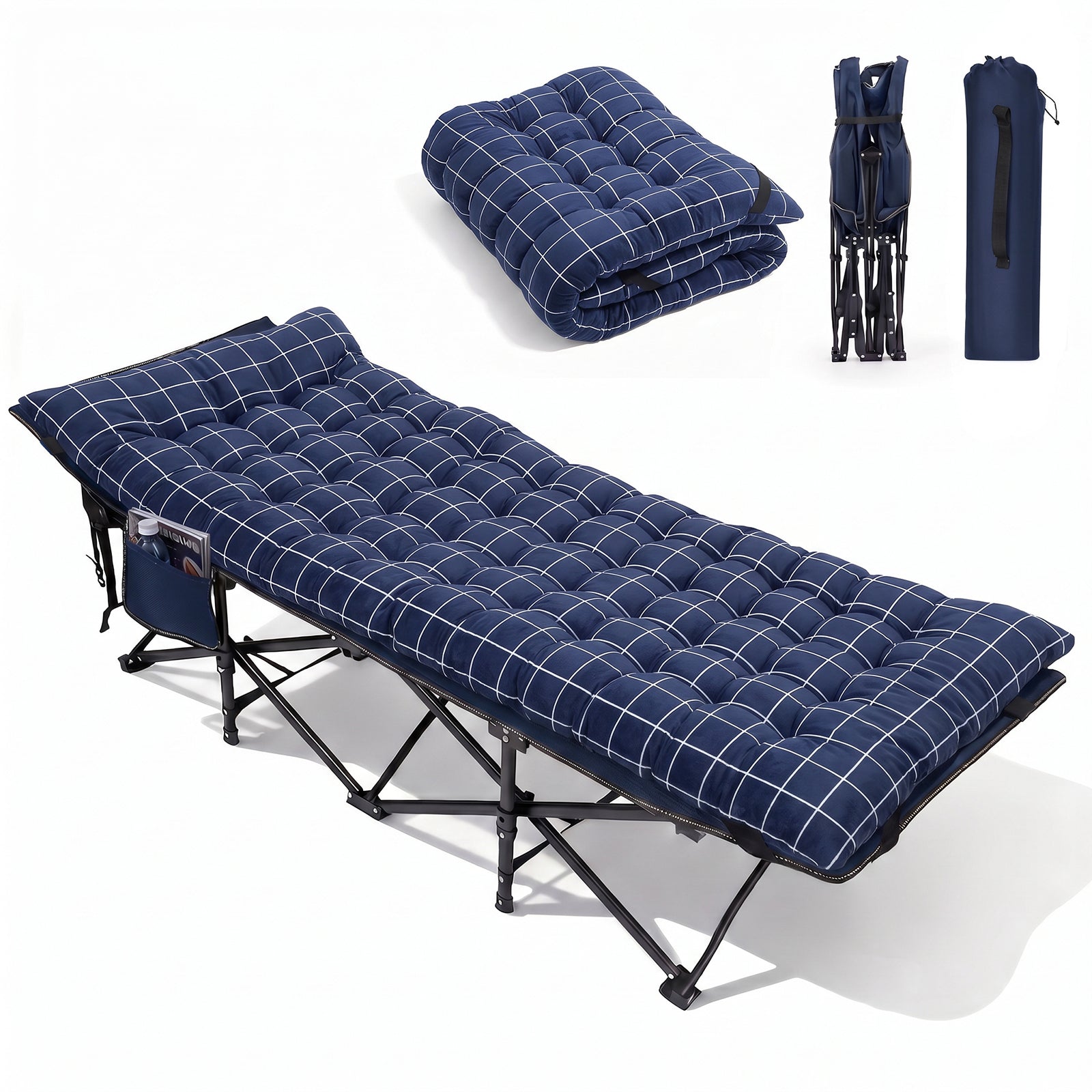 Sekey Campingbett blau mit 7 cm Matratze und stabilem Stahlrahmen