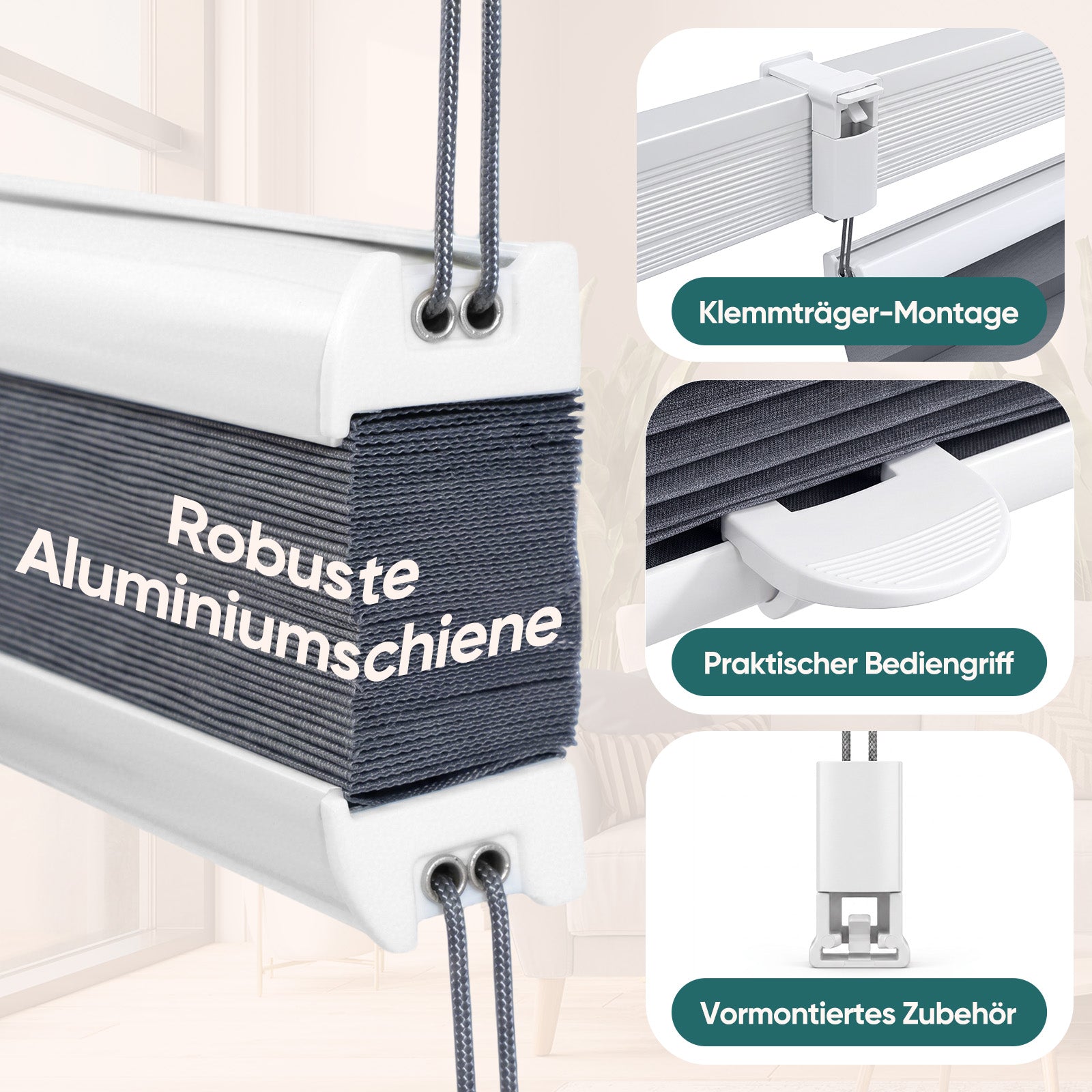 Detailaufnahme der Klemmhalterung vom Sekey Plissee auf weißem Hintergrund, robuste Montagebeschläge zur bohrlosen Befestigung