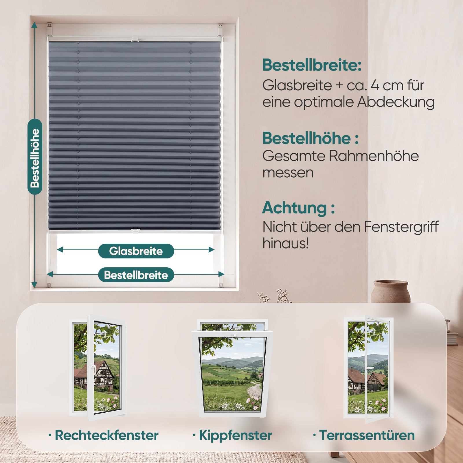 Anleitung zum Messen und Auswählen der passenden Größe für das Sekey Klemmfix Plissee
