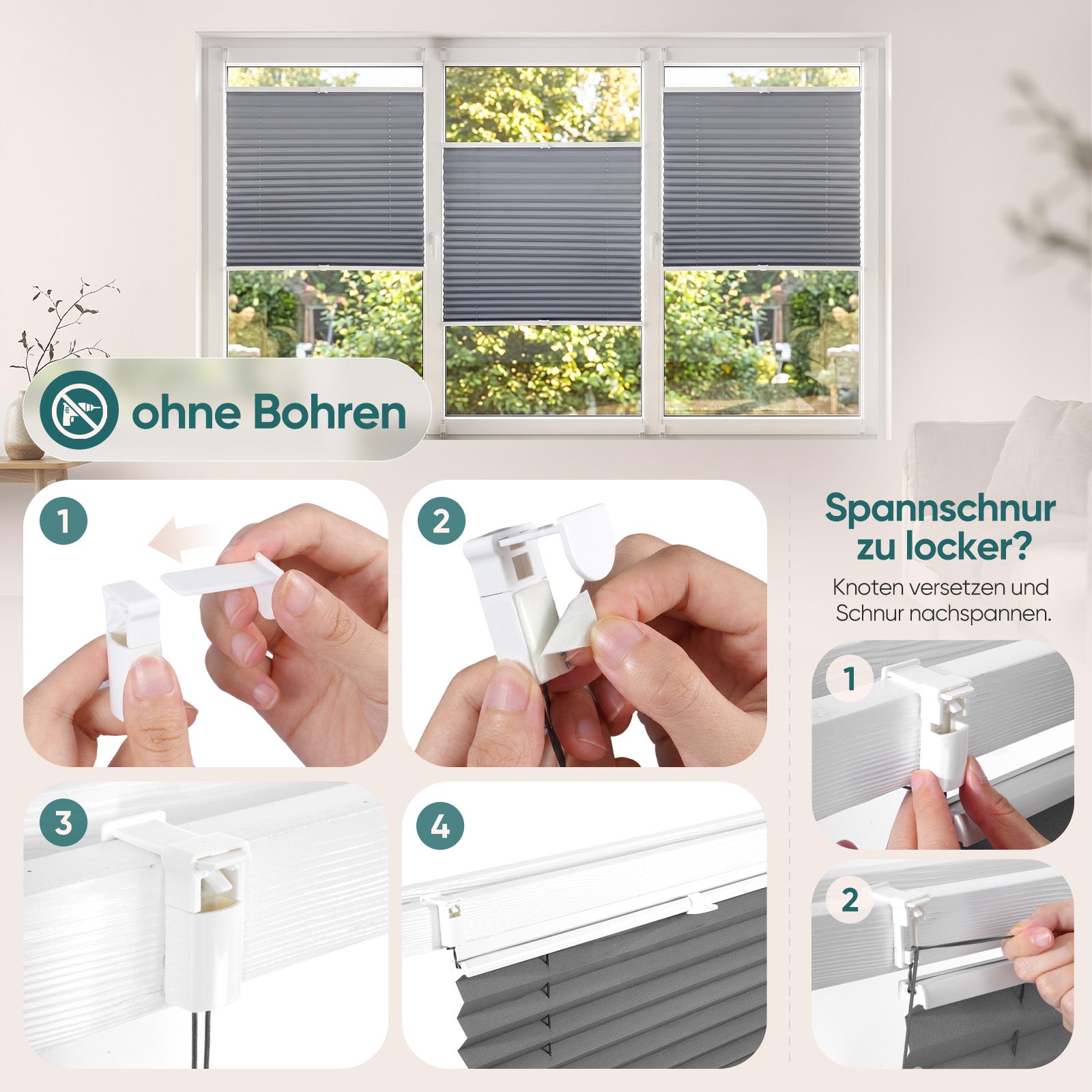 Sekey Klemmfix Plissee Schritt 1 der Montage, einfache Klemmbefestigung ohne Bohren am Fensterrahmen