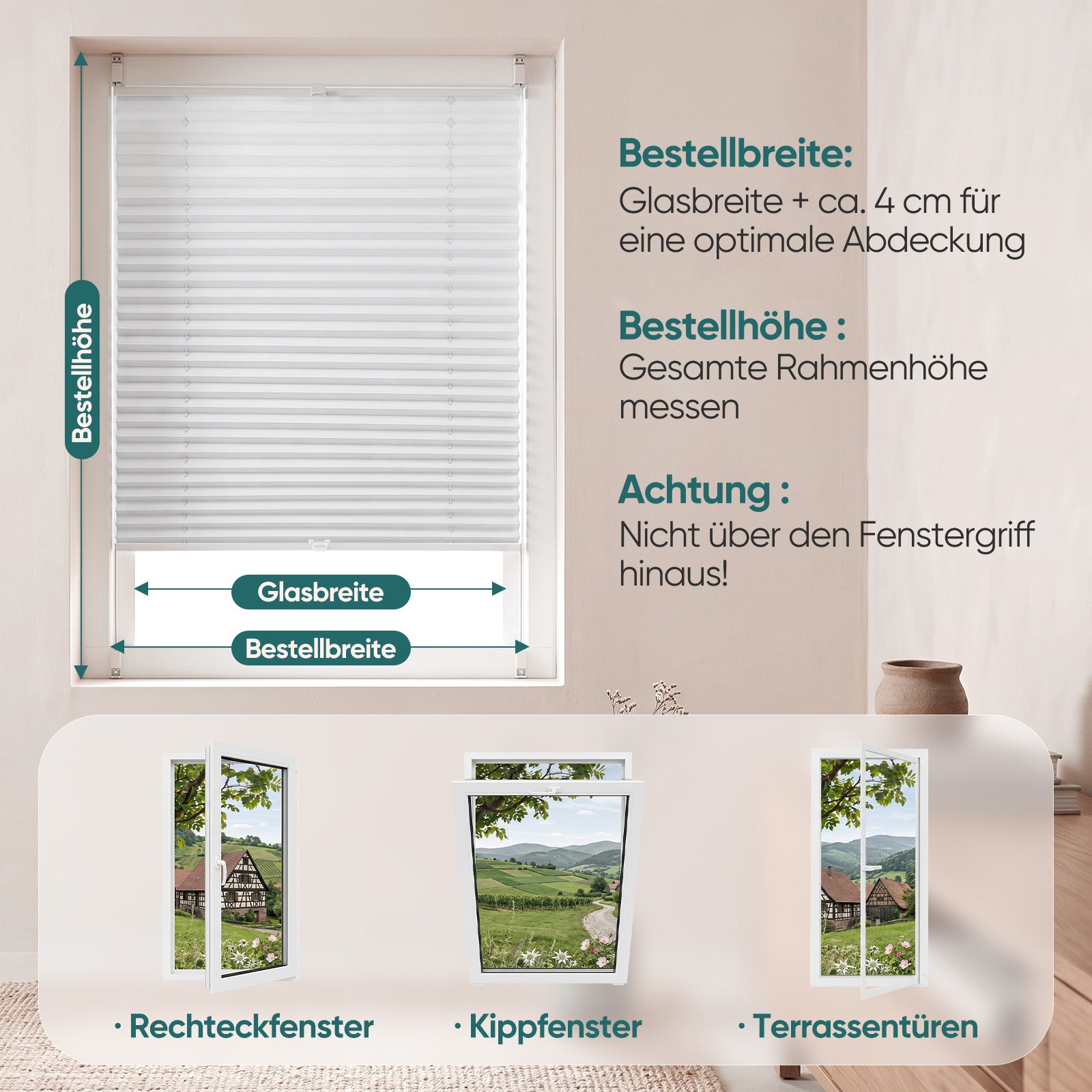Einfache Anleitung zum Messen des Fensterrahmens und zur passenden Größenauswahl für das weiße Sekey Klemmfix Plissee ohne Bohren