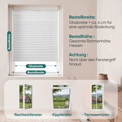 Einfache Anleitung zum Messen des Fensterrahmens und zur passenden Größenauswahl für das weiße Sekey Klemmfix Plissee ohne Bohren