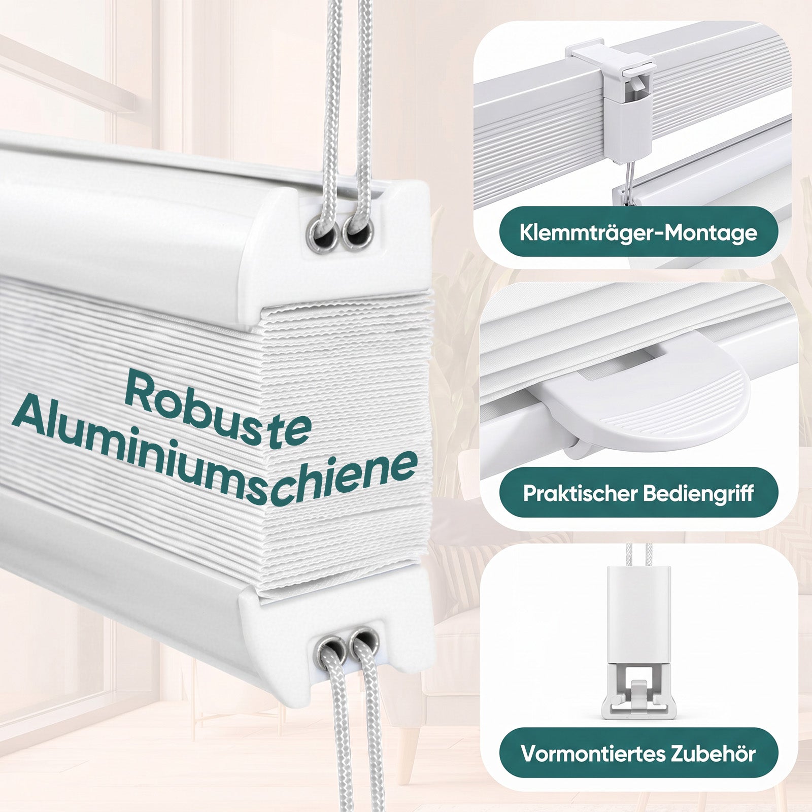 Hochwertige langlebige Kunststoffteile des weißen Sekey Klemmfix Plissees, passgenaue Konstruktion für eine reibungslose Nutzung der Klemmbefestigung