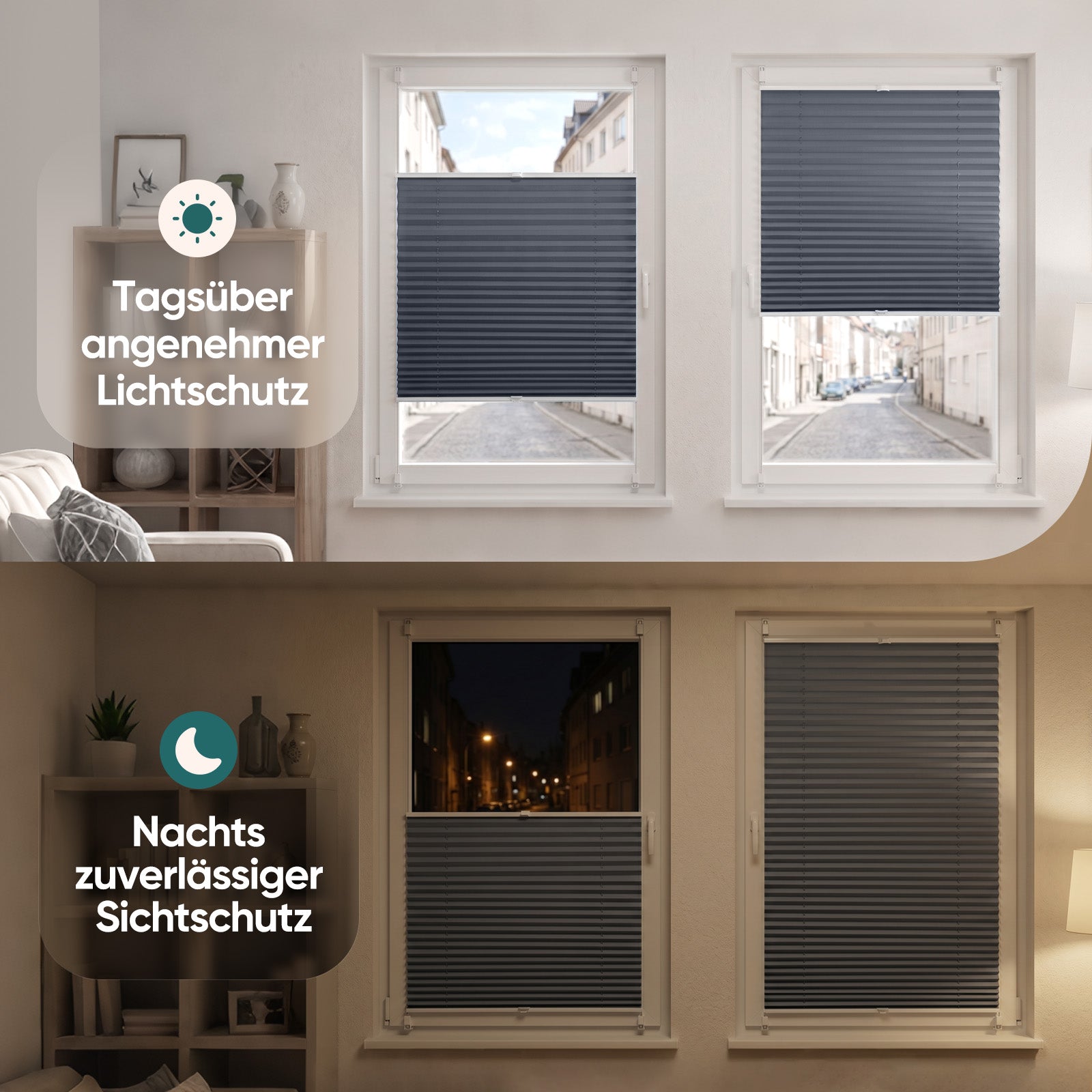 Vergleich des Lichteinfalls am Fenster: heller Tageslichtzustand ohne Plissee sowie vollständige Abdunkelung mit geschlossenem dunkelgrauem Sekey Klemmfix Plissee für optimalen Lichtschutz