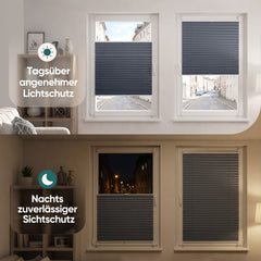 Vergleich des Lichteinfalls am Fenster: heller Tageslichtzustand ohne Plissee sowie vollständige Abdunkelung mit geschlossenem dunkelgrauem Sekey Klemmfix Plissee für optimalen Lichtschutz