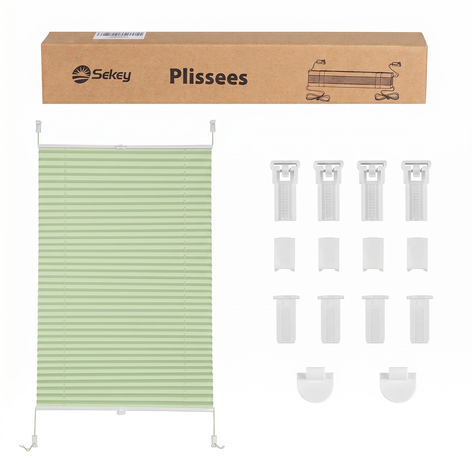 Produktverpackung des Sekey Plissees mit sicher verpacktem Plissee, Klemmträger-Set und Bedienungsanleitung.
