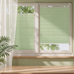 Grünes Sekey Plissee im Wohnzimmer für angenehmen Lichtschutz und moderne Wohnatmosphäre.