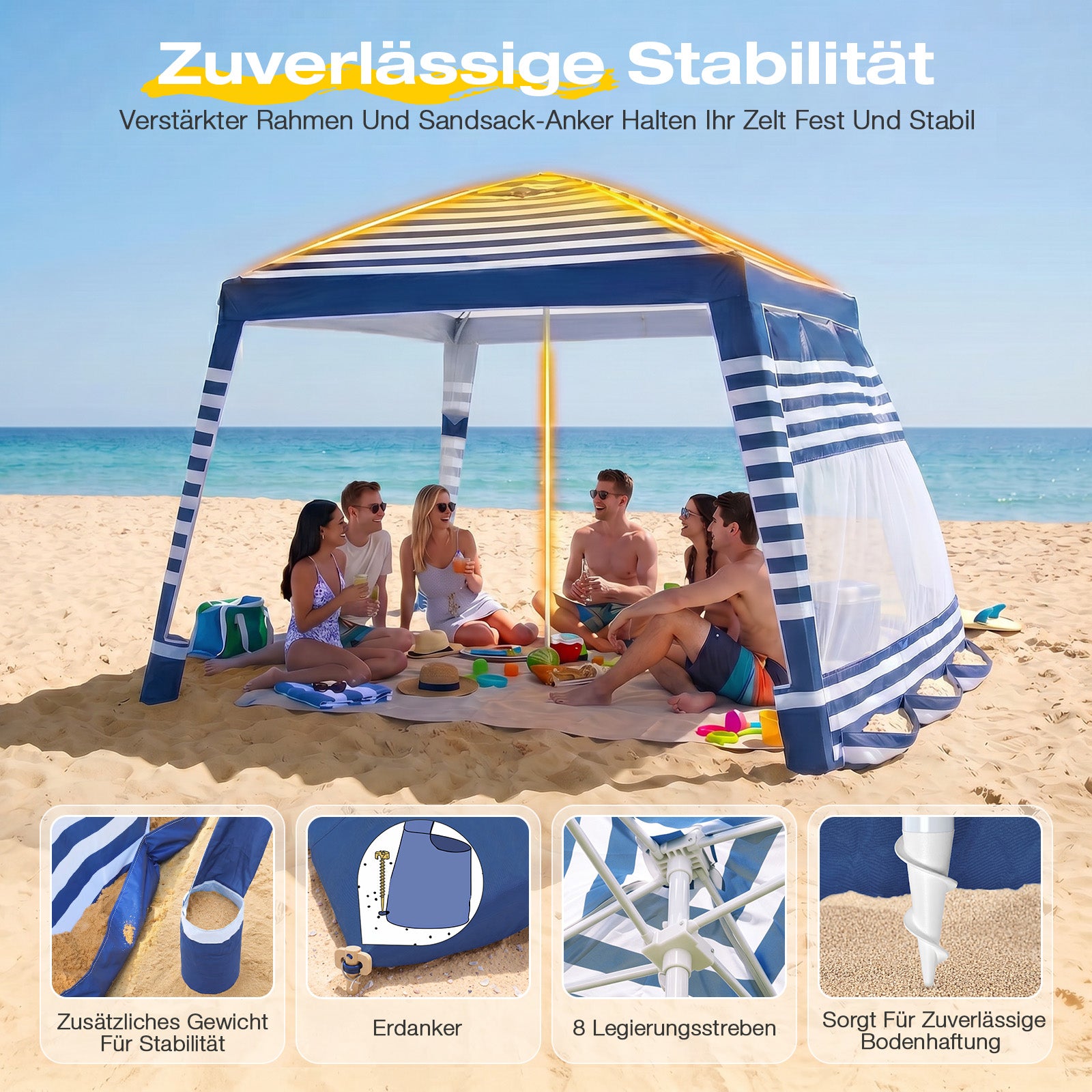 Sekey Strandmuschel windfest mit Sandsäcken und Schraubheringen für stabile Befestigung