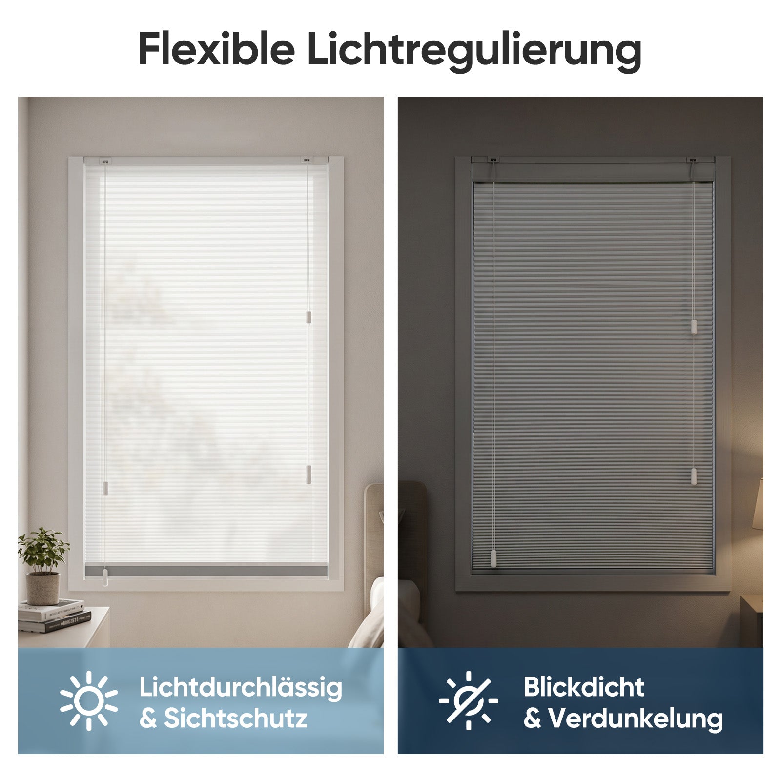 Funktionsvergleich des Sekey Tag & Nacht Wabenplissees: lichtdurchlässiger Stoff für sanftes Tageslicht sowie vollständige Verdunkelung dank aluminiumbeschichtetem Gewebe.