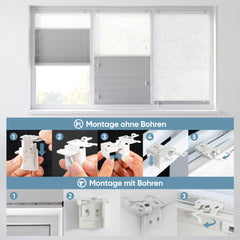 Zwei Montagemöglichkeiten für das Sekey Wabenplissee: einfache Klemmträger-Montage ohne Bohren oder dauerhafte Befestigung mit Schrauben für alle Fensterrahmen.