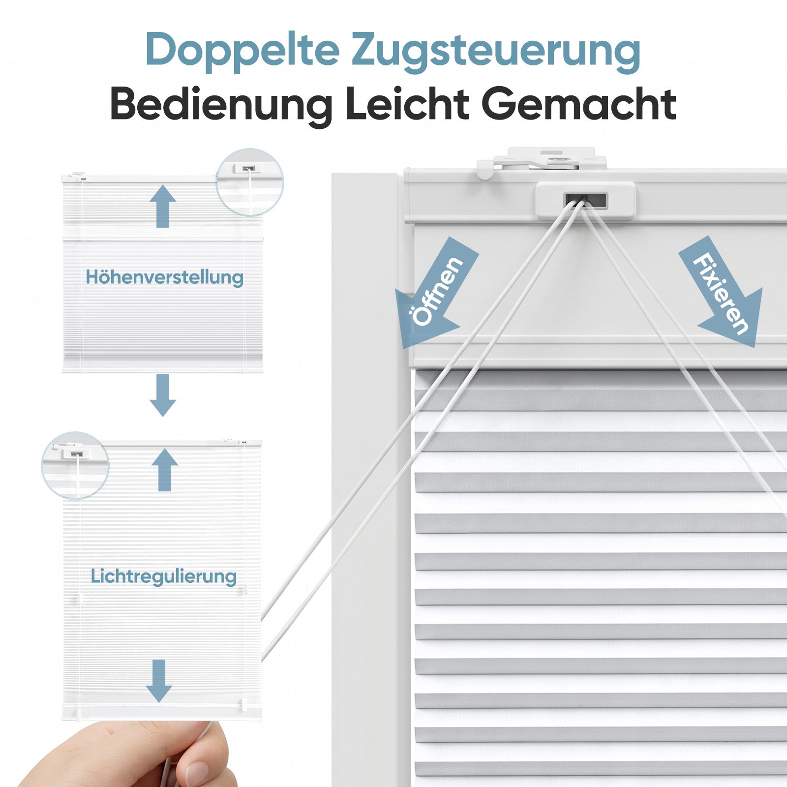 Die doppelte Zugsteuerung ermöglicht eine völlig separate Bedienung der Tages- und Nachtstoffe bei unserem Sekey Tag & Nacht Wabenplissee. Beide Schnüre lassen sich unabhängig voneinander ziehen, wodurch Sie Lichtdurchlässigkeit und Verdunkelung präzise steuern und eine individuelle Lichtregulierung ganz nach Bedarf realisieren können.