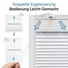 Die doppelte Zugsteuerung ermöglicht eine völlig separate Bedienung der Tages- und Nachtstoffe bei unserem Sekey Tag & Nacht Wabenplissee. Beide Schnüre lassen sich unabhängig voneinander ziehen, wodurch Sie Lichtdurchlässigkeit und Verdunkelung präzise steuern und eine individuelle Lichtregulierung ganz nach Bedarf realisieren können.