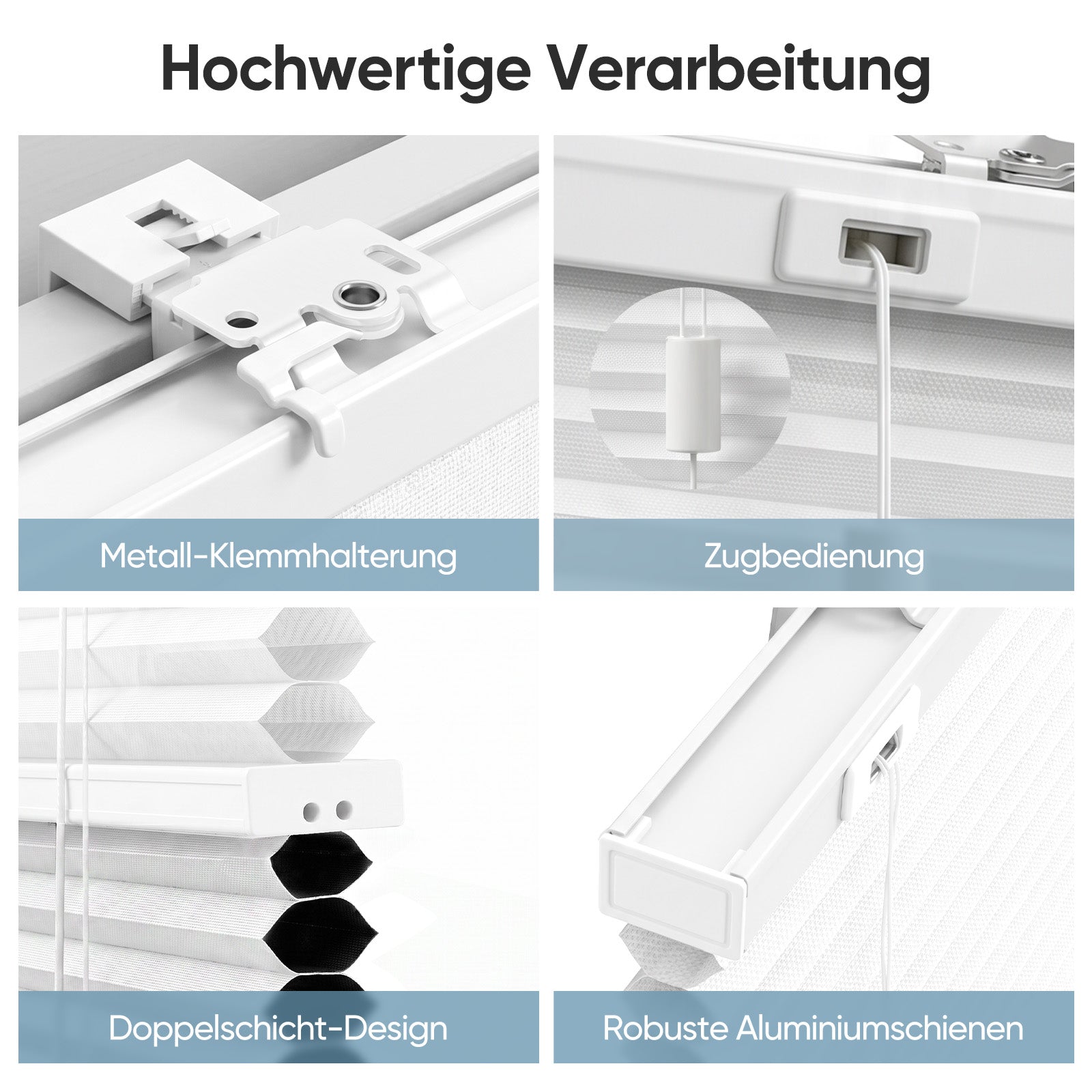 Hochwertige robuste Kunststoff-Klemmträger und Führungsteile des weißen Sekey Tag & Nacht Wabenplissees. Die passgenau verarbeiteten Kunststoffkomponenten sind abriebfest, formstabil und belastbar. Sie gewährleisten eine sichere bohrlose Klemmbefestigung am Fensterrahmen sowie eine flüssige Schnurführung bei der Bedienung, ohne Verrutschen oder Beschädigung des Fensterrahmens bei dauerhafter Nutzung.
