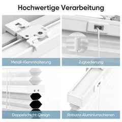 Hochwertige robuste Kunststoff-Klemmträger und Führungsteile des weißen Sekey Tag & Nacht Wabenplissees. Die passgenau verarbeiteten Kunststoffkomponenten sind abriebfest, formstabil und belastbar. Sie gewährleisten eine sichere bohrlose Klemmbefestigung am Fensterrahmen sowie eine flüssige Schnurführung bei der Bedienung, ohne Verrutschen oder Beschädigung des Fensterrahmens bei dauerhafter Nutzung.