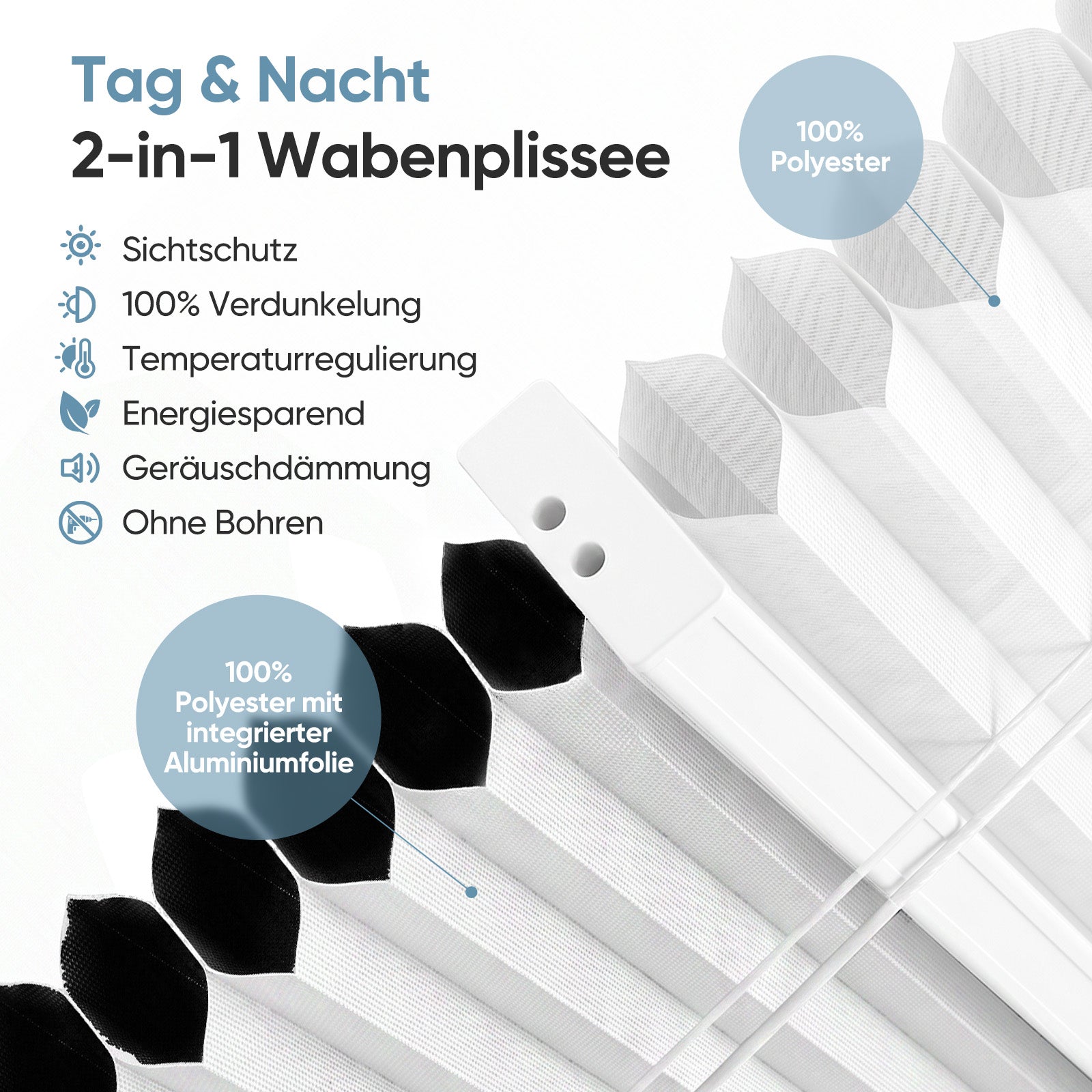Zweilagiger Wabenstoff des Sekey Tag & Nacht Plissees. Der lichtdurchlässige Bereich besteht aus 100 % Polyester, der verdunkelnde Teil ist mit einer Aluminium-Beschichtung versehen. Die spezielle Honigwabenkonstruktion sorgt für effektive Wärmedämmung, Kälteabwehr und Geräuschreduzierung, zudem ist der Stoff pflegeleicht und formstabil im täglichen Gebrauch.