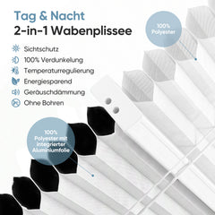 Zweilagiger Wabenstoff des Sekey Tag & Nacht Plissees. Der lichtdurchlässige Bereich besteht aus 100 % Polyester, der verdunkelnde Teil ist mit einer Aluminium-Beschichtung versehen. Die spezielle Honigwabenkonstruktion sorgt für effektive Wärmedämmung, Kälteabwehr und Geräuschreduzierung, zudem ist der Stoff pflegeleicht und formstabil im täglichen Gebrauch.
